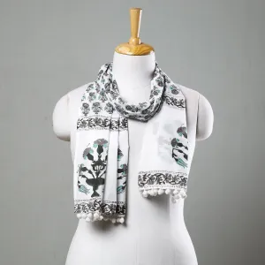 White - Marigold Flowers Sanganeri Block Printed Cotton Stole With Pom Pom