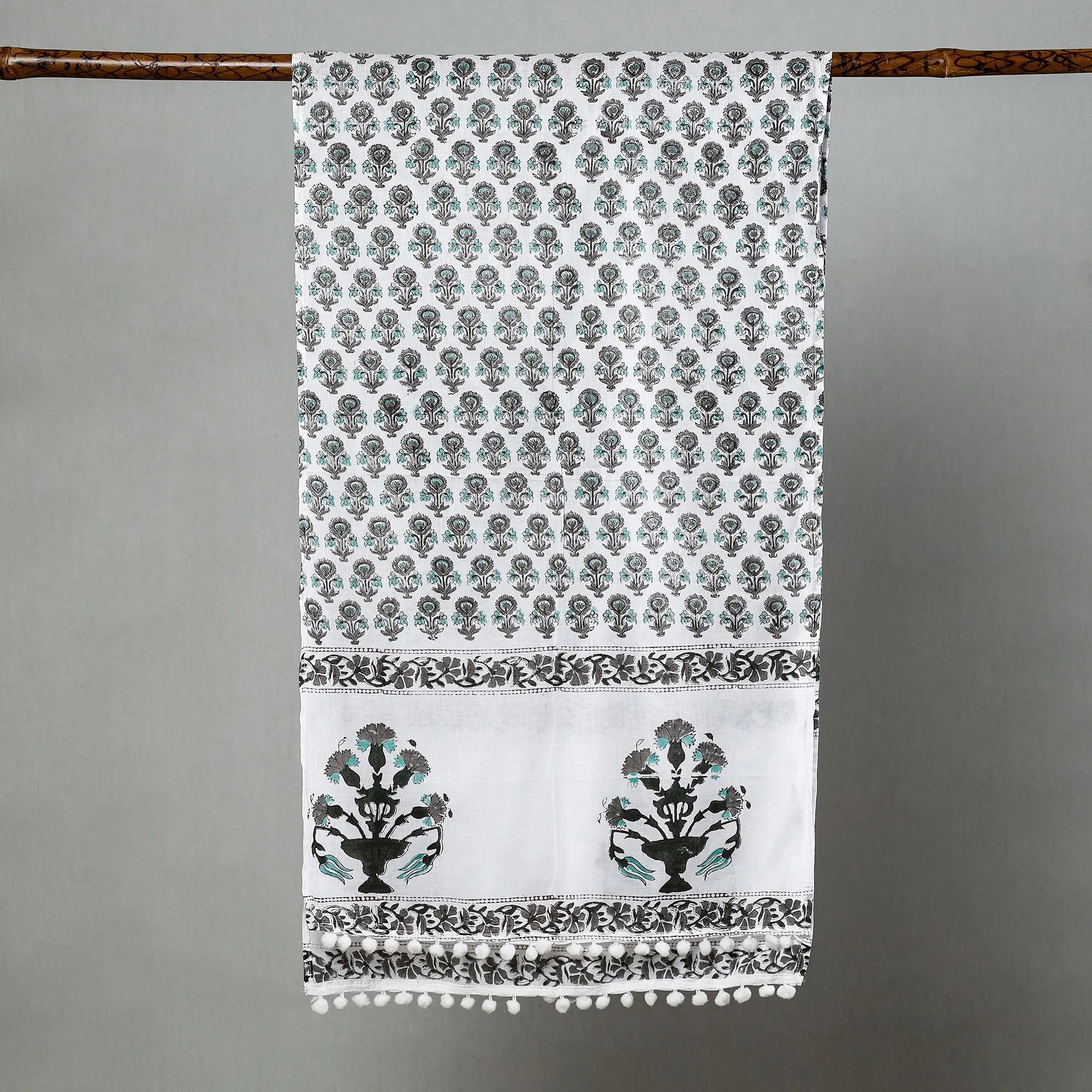 White - Marigold Flowers Sanganeri Block Printed Cotton Stole With Pom Pom