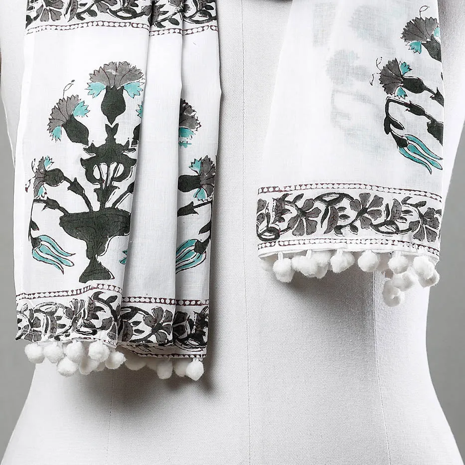 White - Marigold Flowers Sanganeri Block Printed Cotton Stole With Pom Pom