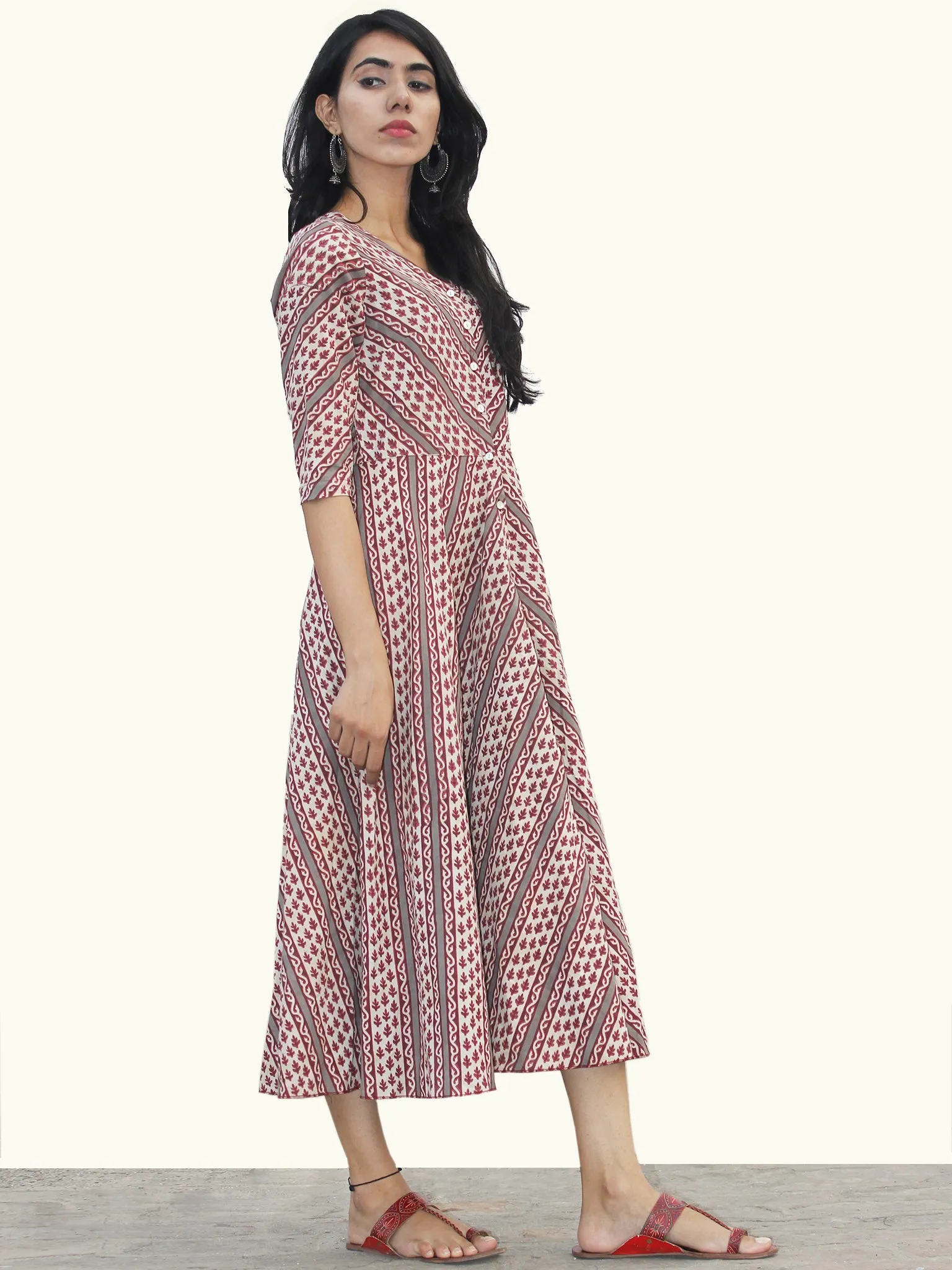 White Maroon Grey Hand Block Printed Cotton Midi Dress  - D157F879