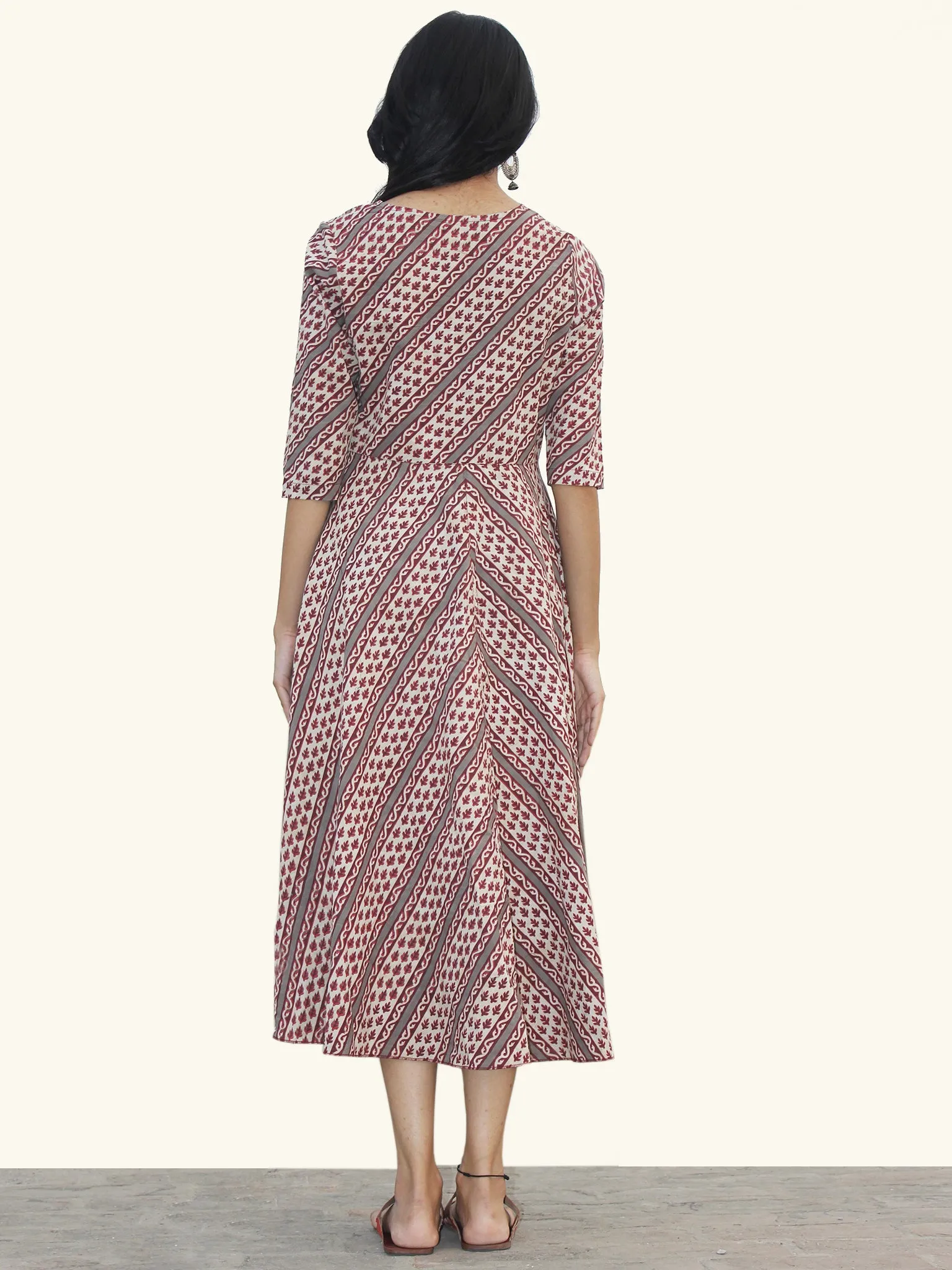 White Maroon Grey Hand Block Printed Cotton Midi Dress  - D157F879