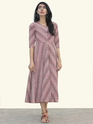 White Maroon Grey Hand Block Printed Cotton Midi Dress  - D157F879