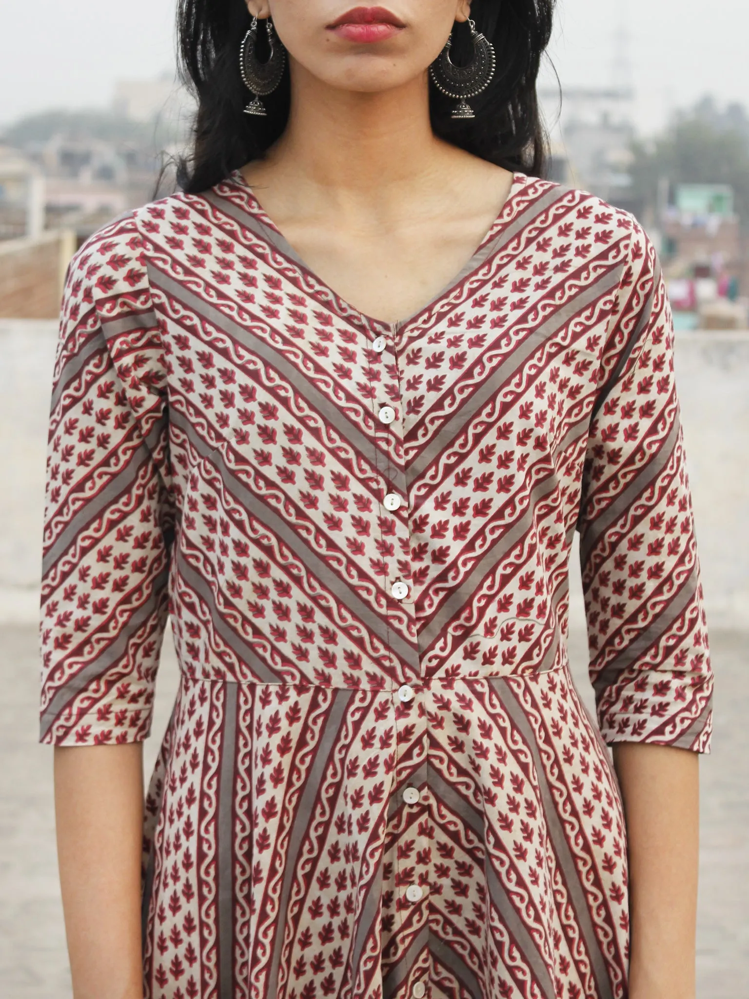 White Maroon Grey Hand Block Printed Cotton Midi Dress  - D157F879