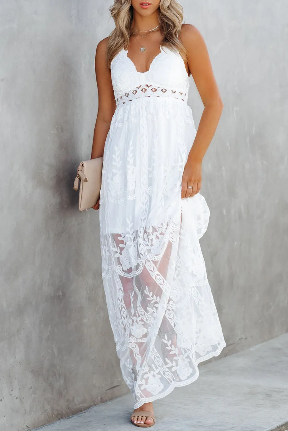 White Maxi Dress Lace Crisscross Backless Cocktail Party Maxi Long Dress