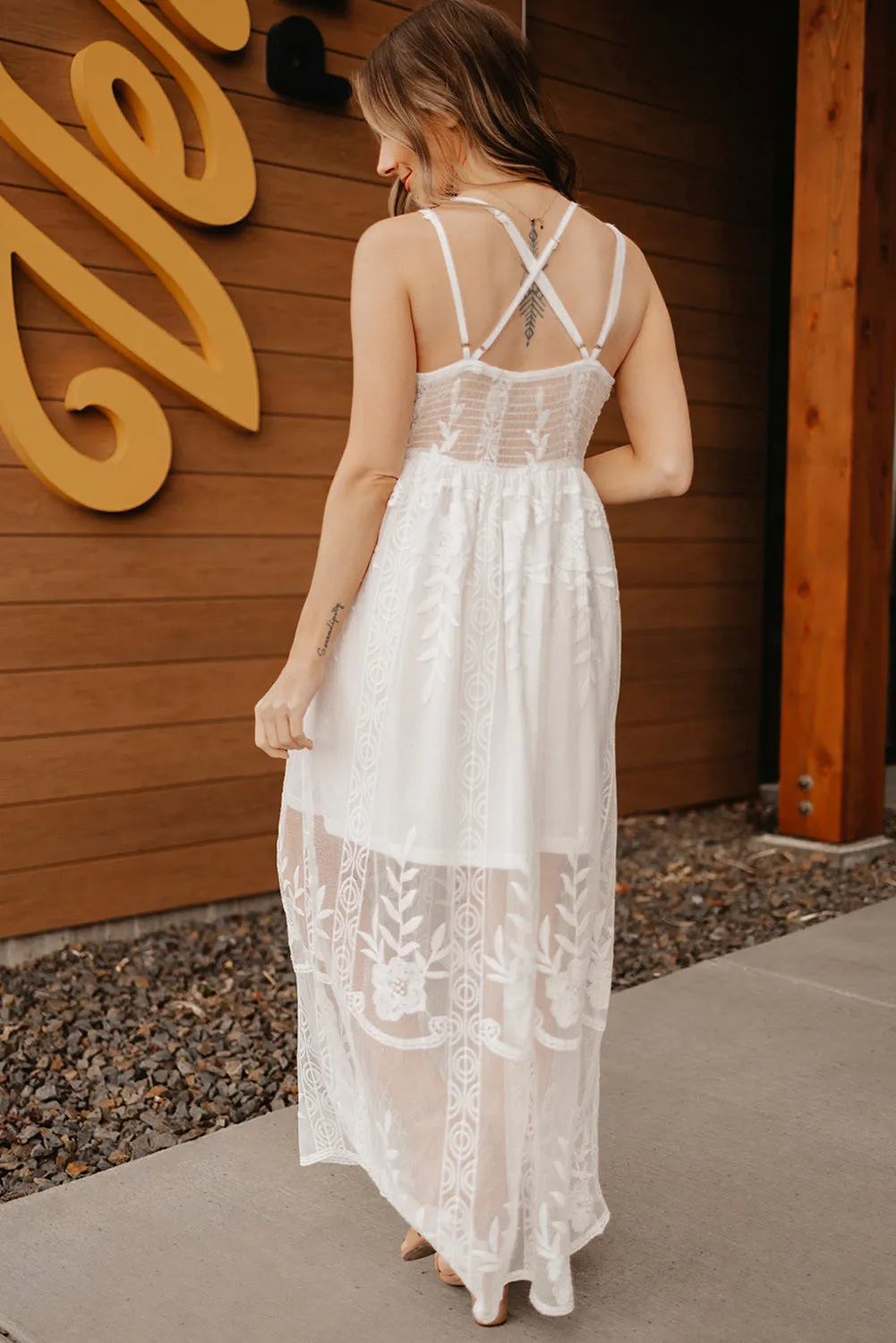 White Maxi Dress Lace Crisscross Backless Cocktail Party Maxi Long Dress