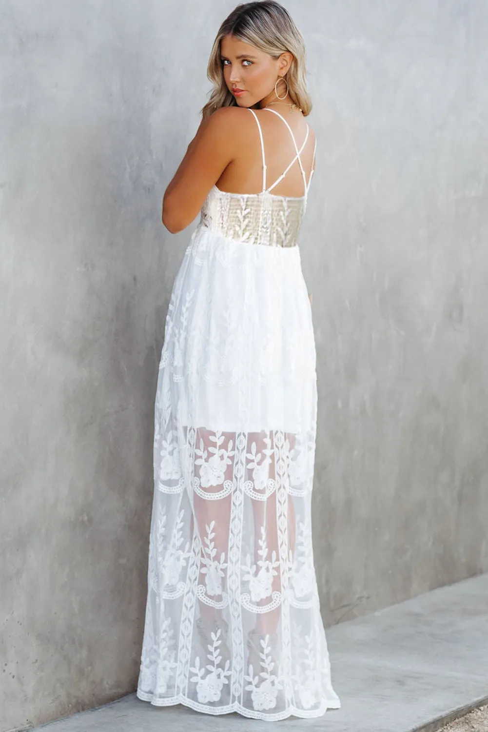 White Maxi Dress Lace Crisscross Backless Cocktail Party Maxi Long Dress