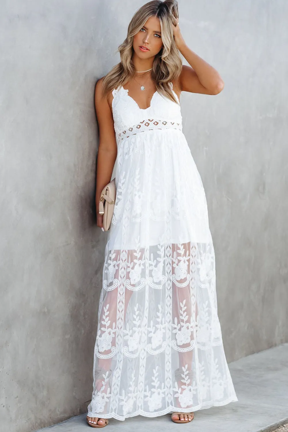 White Maxi Dress Lace Crisscross Backless Cocktail Party Maxi Long Dress