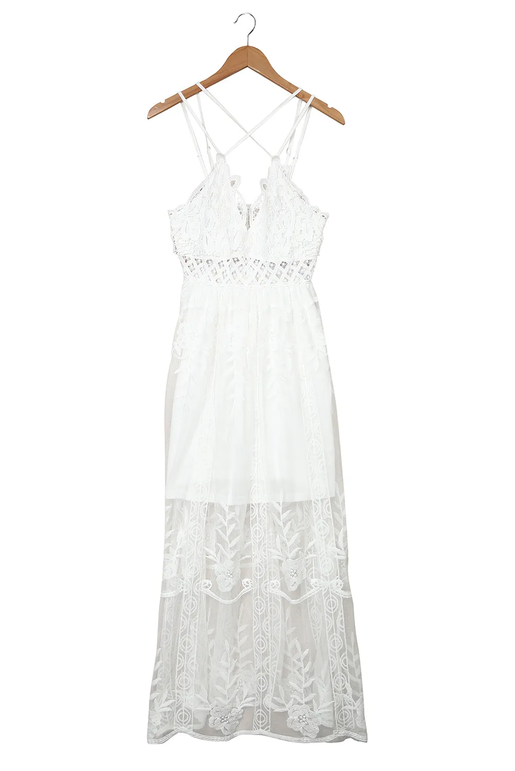 White Maxi Dress Lace Crisscross Backless Cocktail Party Maxi Long Dress