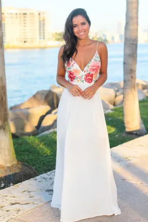 White Maxi Dress with Embroidered Roses