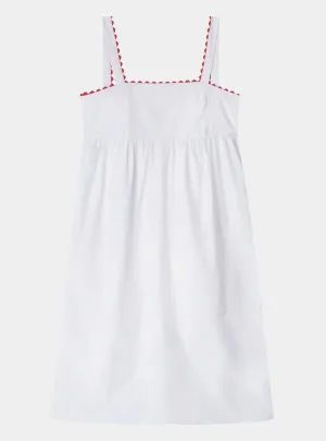 White Midi Nightdress With Red Ric Rac - 100% Cotton Poplin