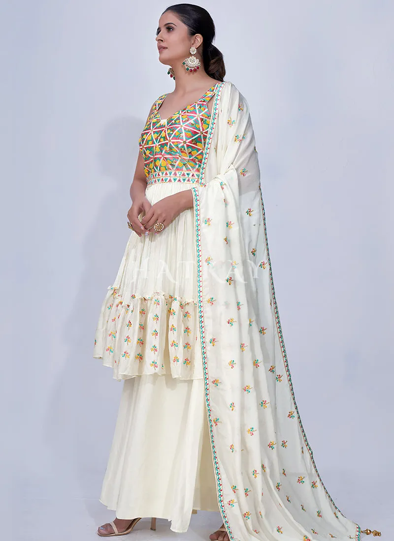 White Mirror Work Multi Embroidery Chiffon Palazzo Suit