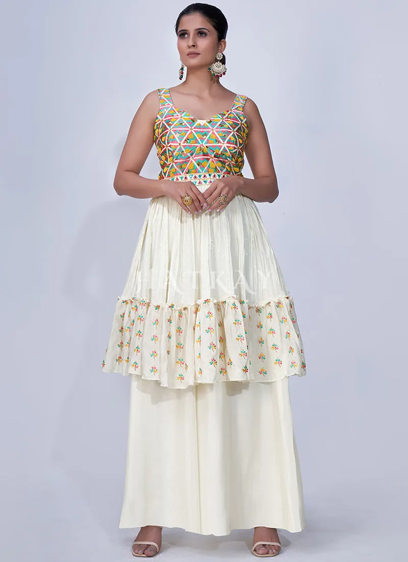 White Mirror Work Multi Embroidery Chiffon Palazzo Suit