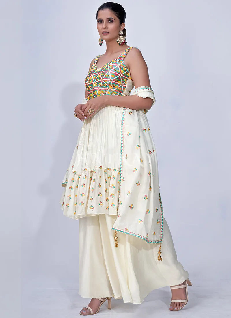 White Mirror Work Multi Embroidery Chiffon Palazzo Suit