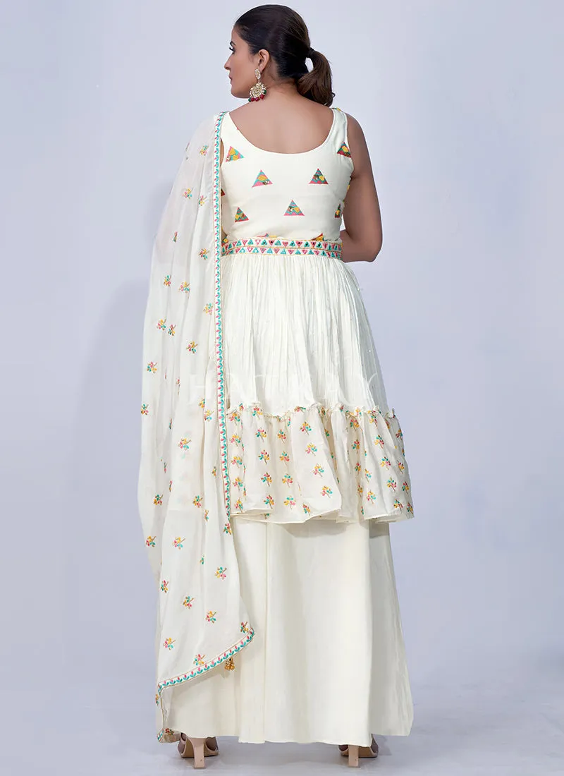 White Mirror Work Multi Embroidery Chiffon Palazzo Suit