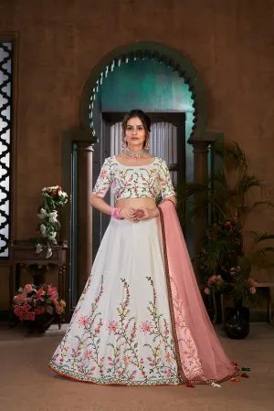 White Multi Thread Embroidered Cotton Wedding Wear Lehenga Choli