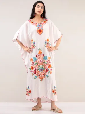 White Multicolor Aari Embroidered Kashmere Free Size Kaftan  - K12K023