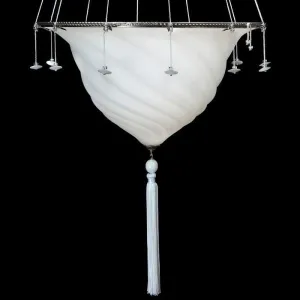 White Murano Glass Ceiling Pendant In The Fortuny Style With Beads & Tassels