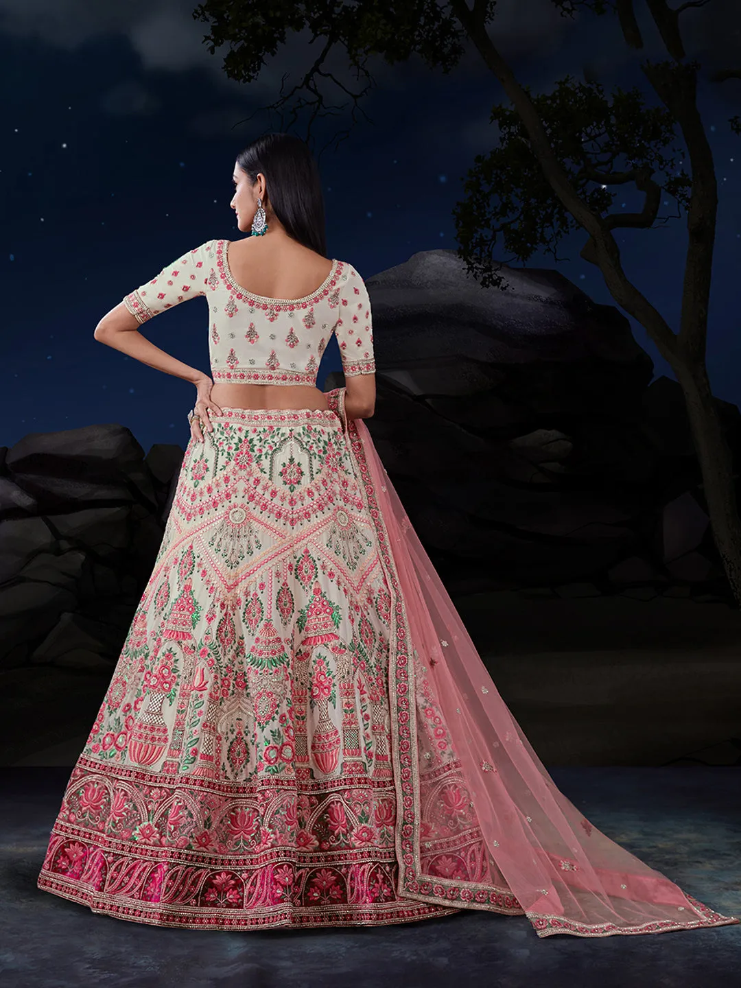 White Net Lehenga Choli Set with Thread & Sequin Embellishments