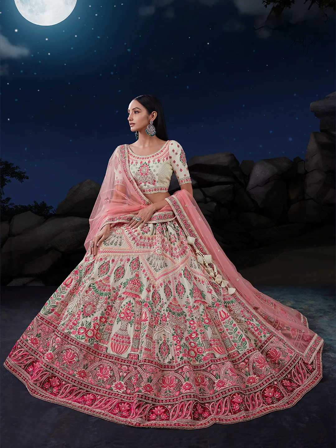 White Net Lehenga Choli Set with Thread & Sequin Embellishments