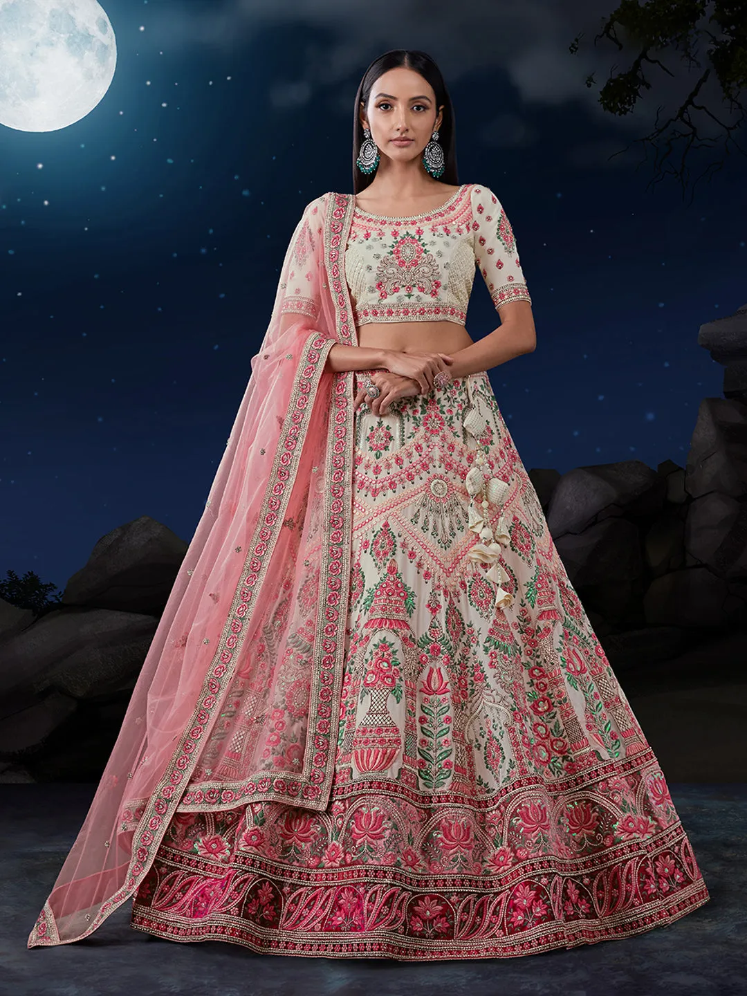 White Net Lehenga Choli Set with Thread & Sequin Embellishments