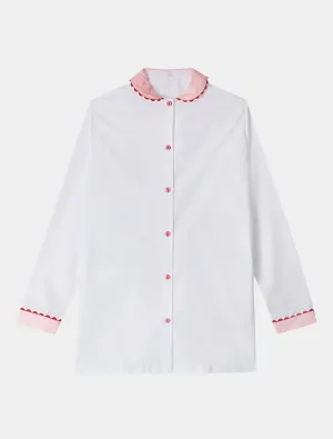 White Nightshirt With Contrasting Pink Collar and Cuffs and Red Ric Rac Trim - 100% Cotton Poplin