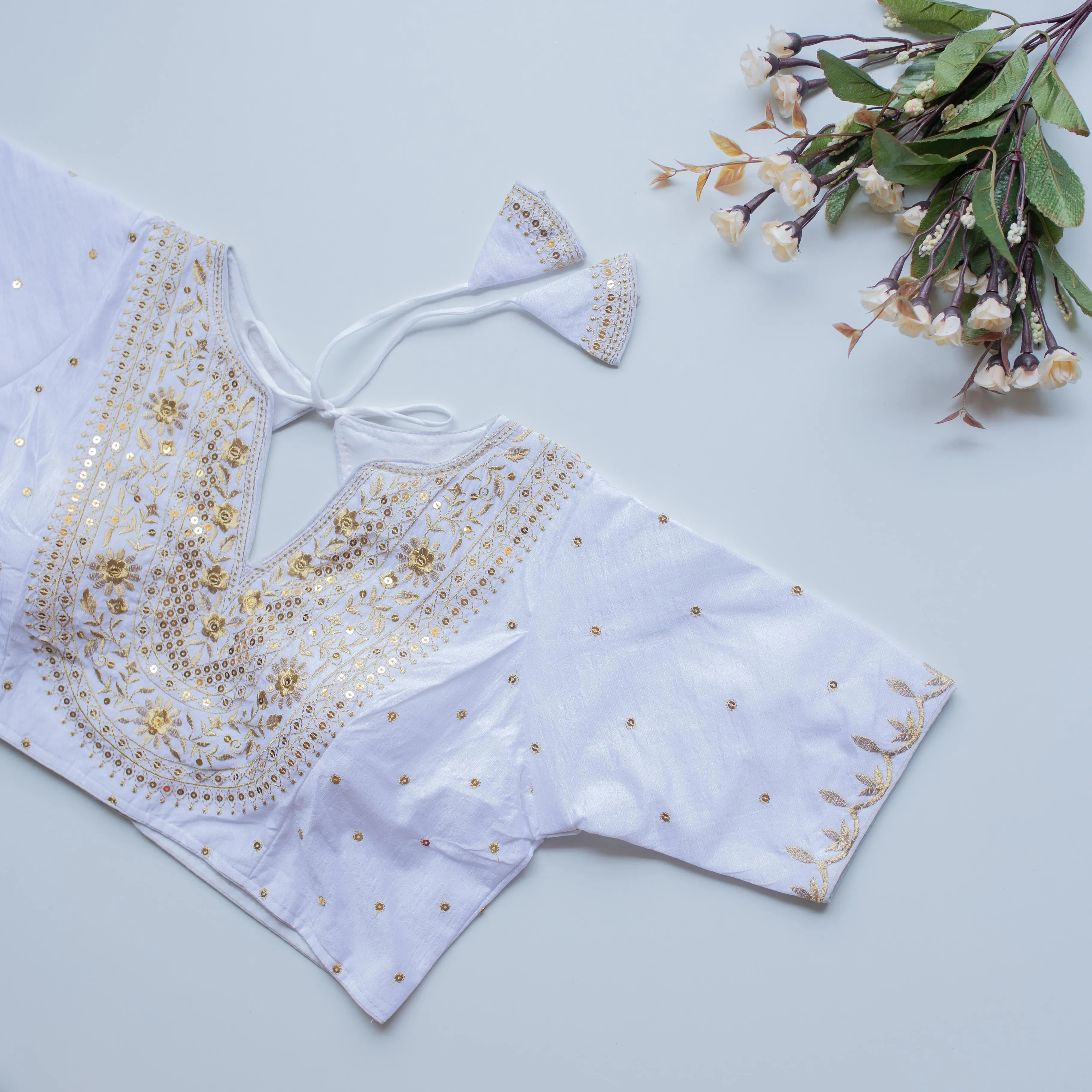 White Olive Silk Blouse with Golden Embroidery and Sequence Accents