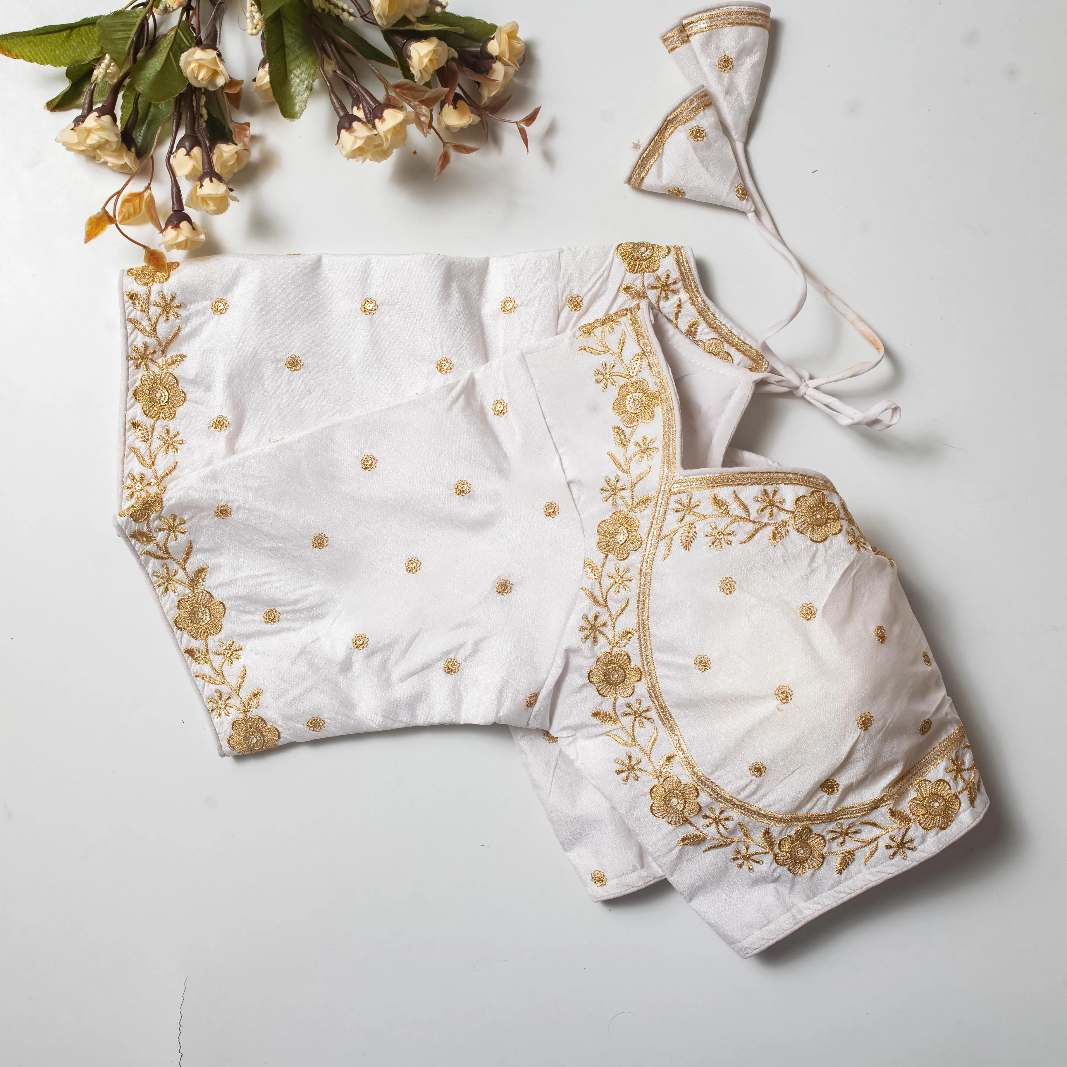 White Olive Silk Blouse with Golden Embroidery and Sequins