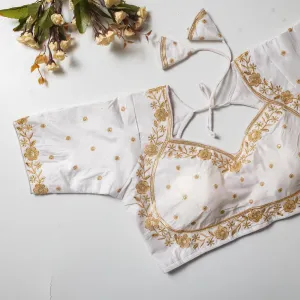 White Olive Silk Blouse with Golden Embroidery and Sequins