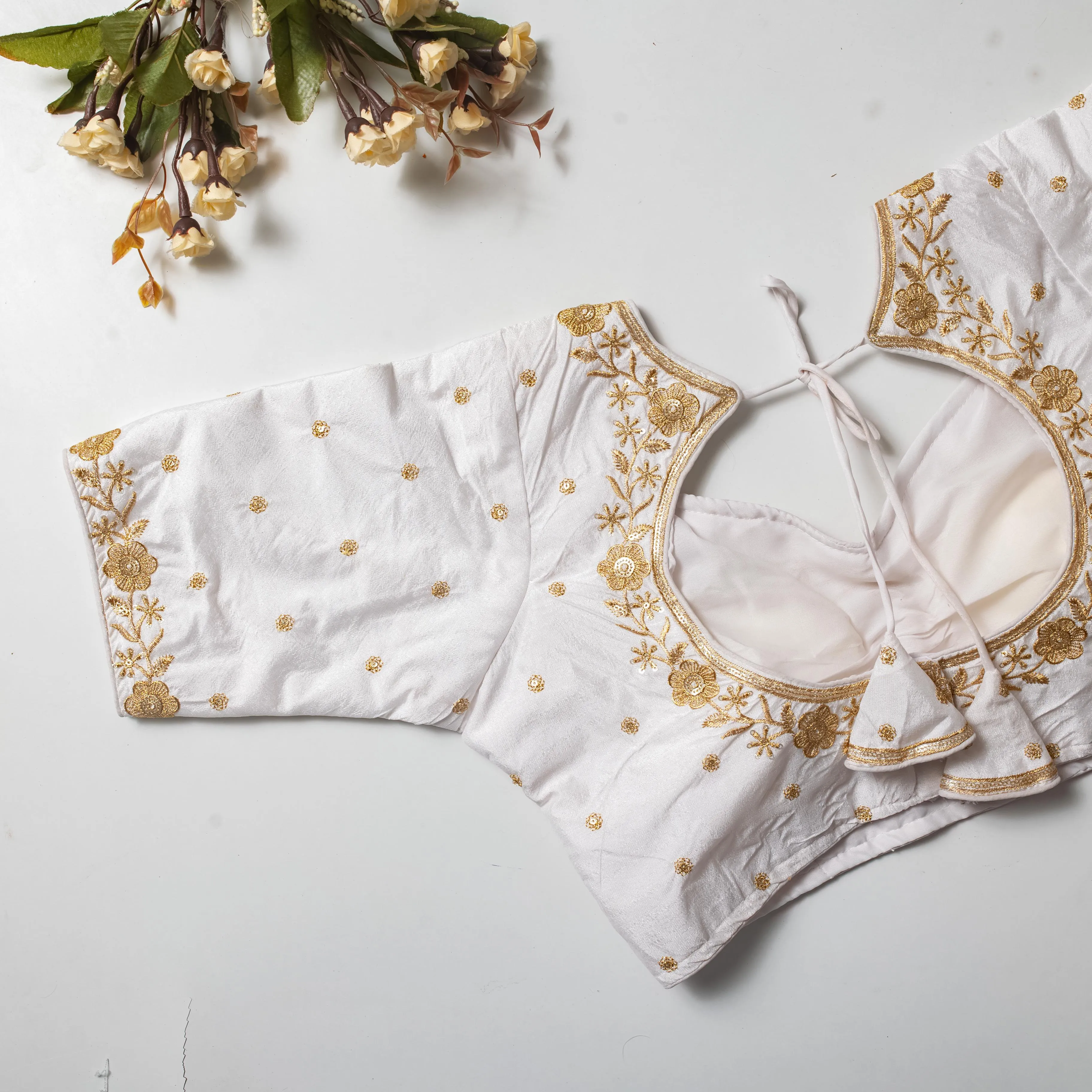 White Olive Silk Blouse with Golden Embroidery and Sequins