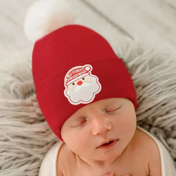 White or Black Santa Red Hospital hat for Boys or Girls with Fuzzy White Pom - Gender Neutral Christmas Hat for Newborns (Copy)