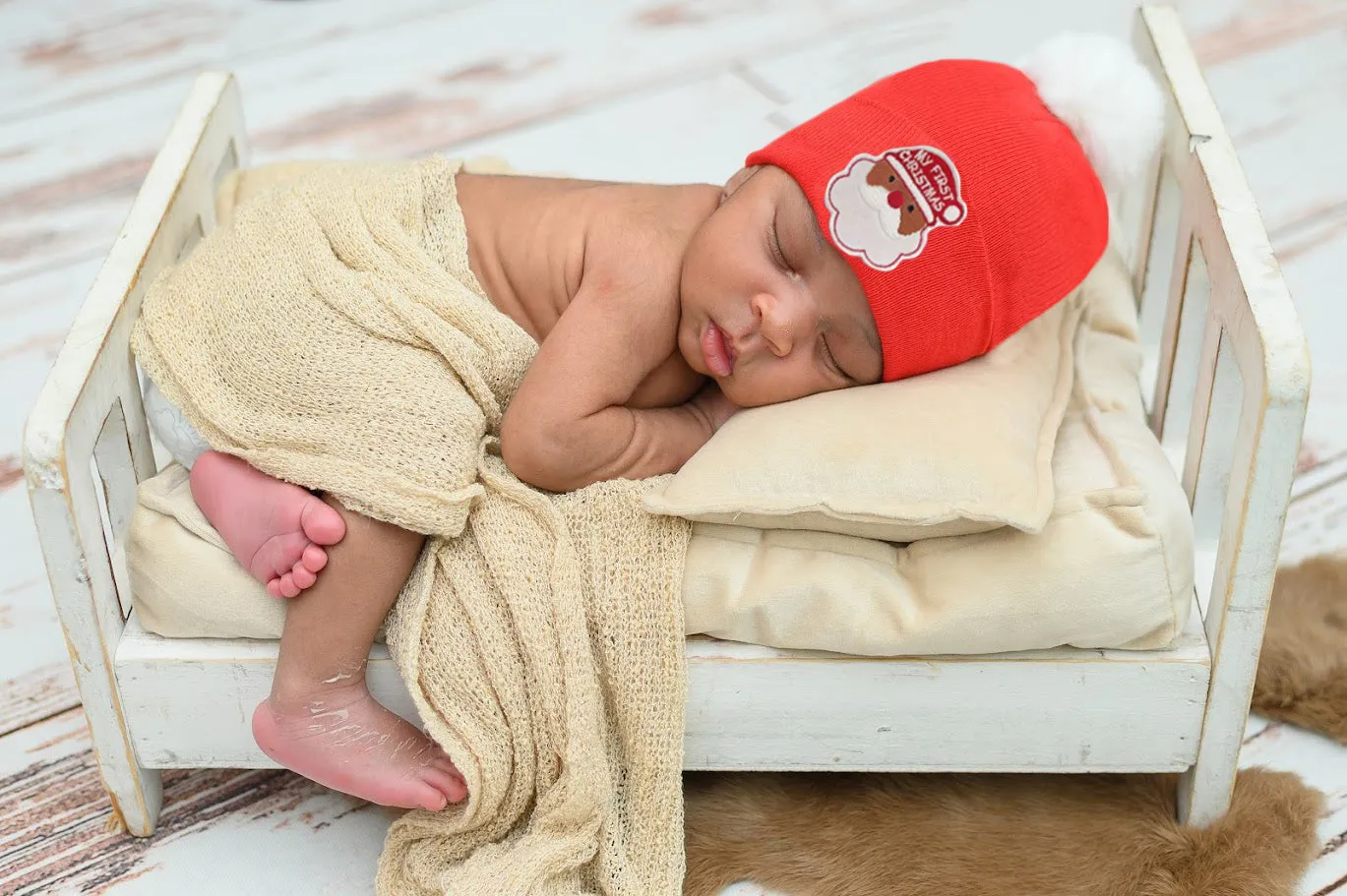 White or Black Santa Red Hospital hat for Boys or Girls with Fuzzy White Pom - Gender Neutral Christmas Hat for Newborns (Copy)