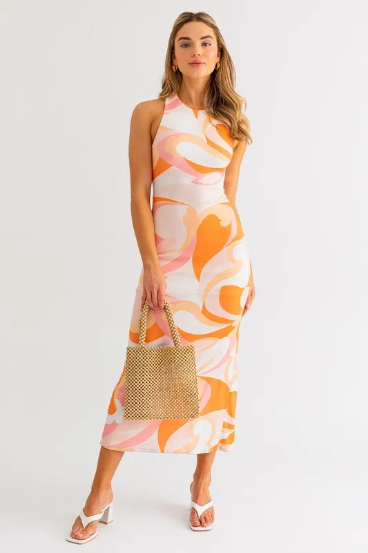 White-Orange Casual Sleeveless Midi Dress