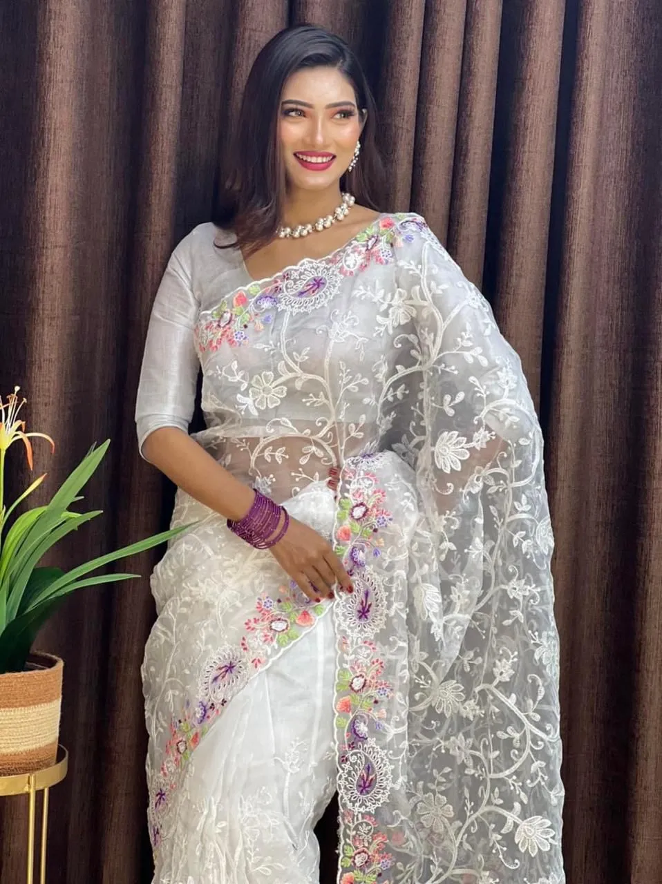 White Organza Saree with Vibrant 6-Color Thread Embroidery – Paired with Elegant White Silk Blouse