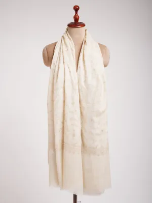 White Pashmina Shawl with Beige Embroidery