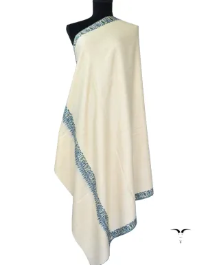 White Pashmina Shawl With Blue Sozni Work 5411