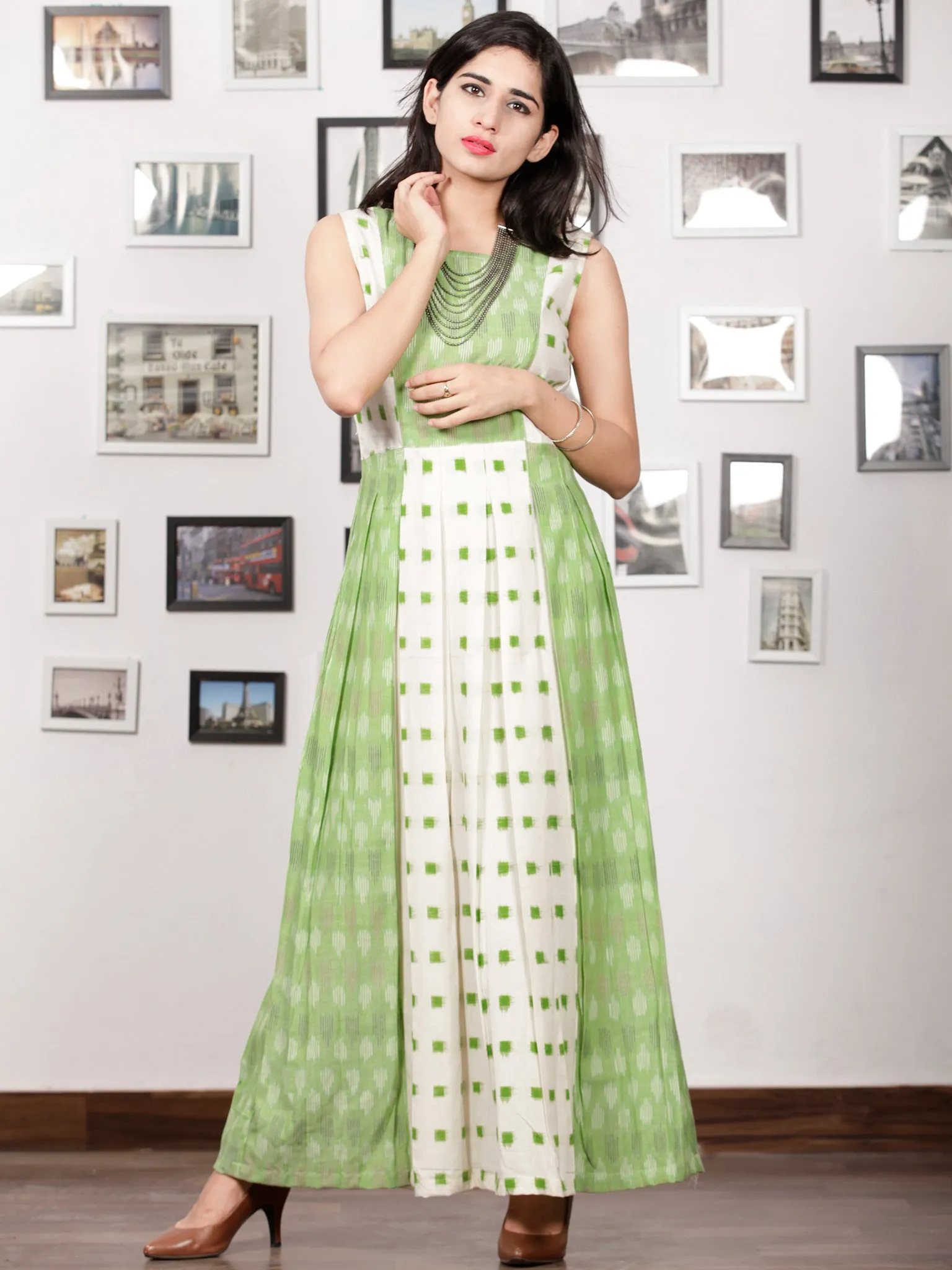 White Pastel Green Long Sleeveless Handwoven Double Ikat Dress With Side Pockets - D275F1451