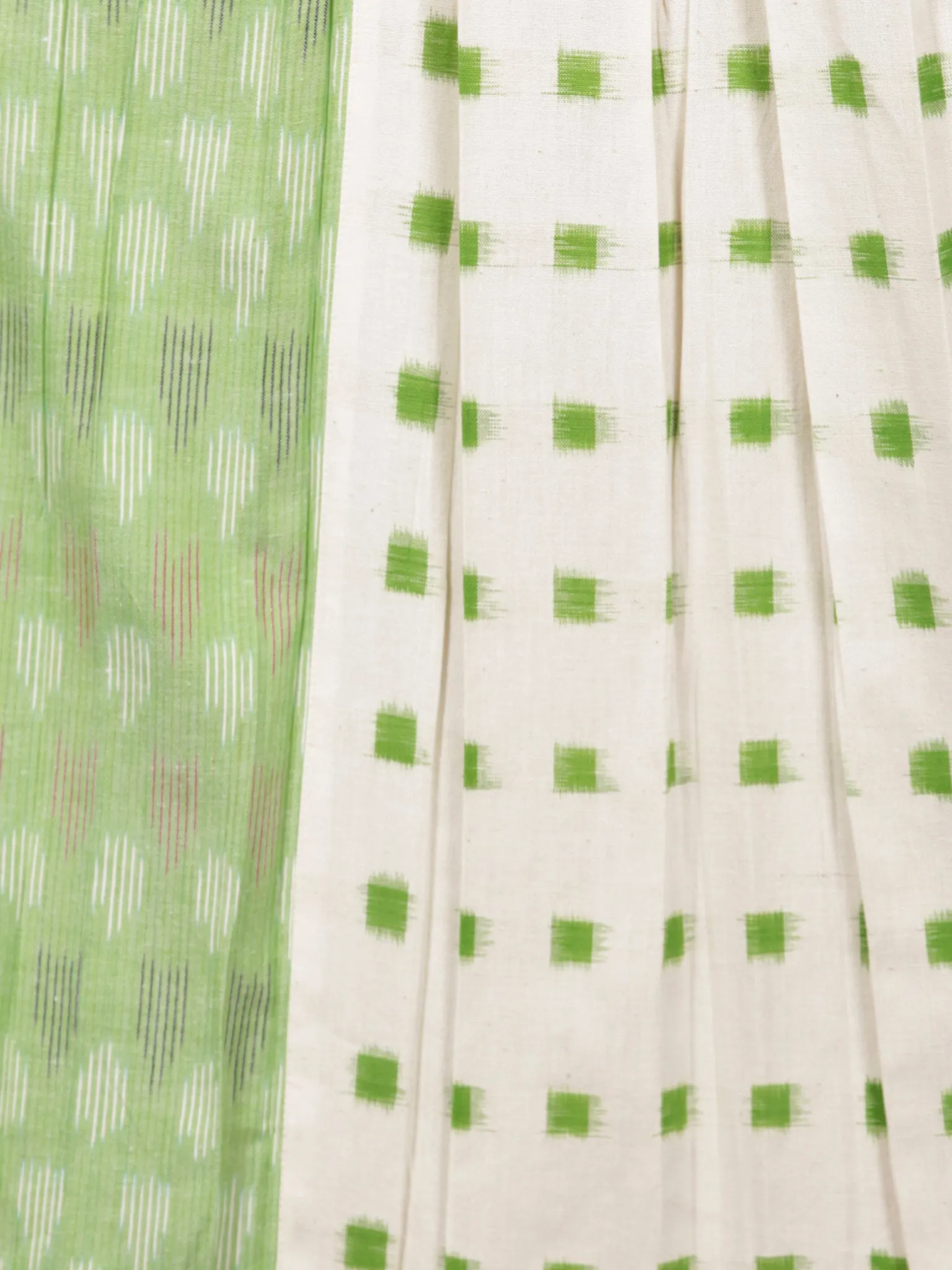 White Pastel Green Long Sleeveless Handwoven Double Ikat Dress With Side Pockets - D275F1451