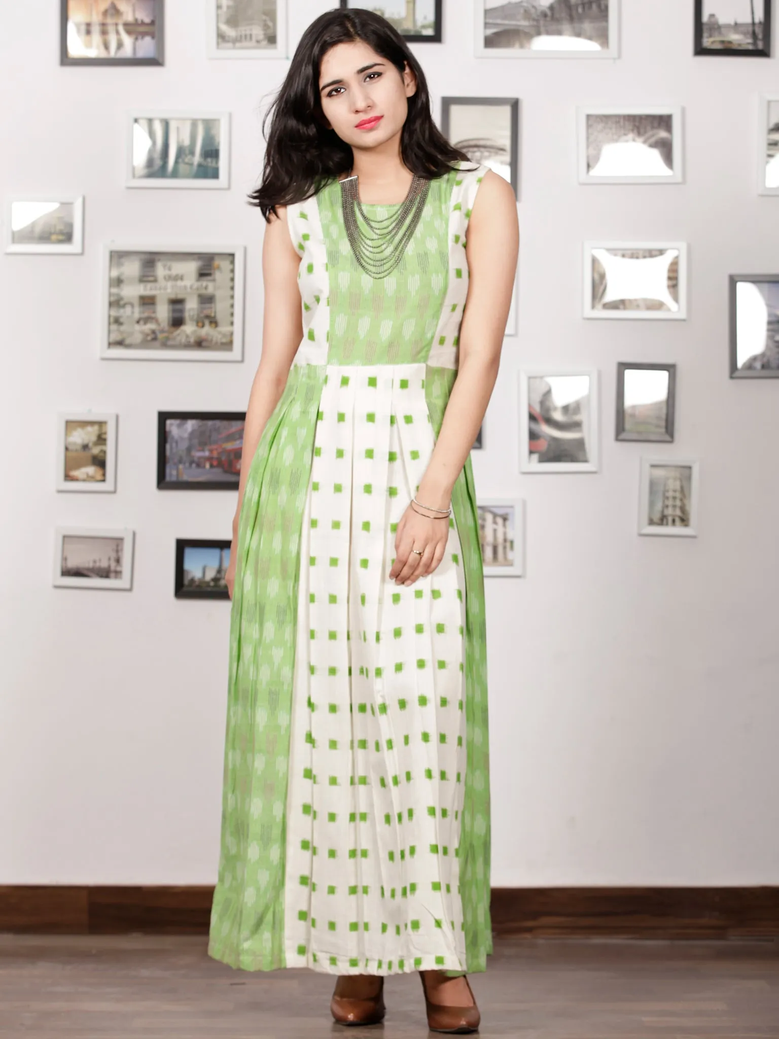 White Pastel Green Long Sleeveless Handwoven Double Ikat Dress With Side Pockets - D275F1451