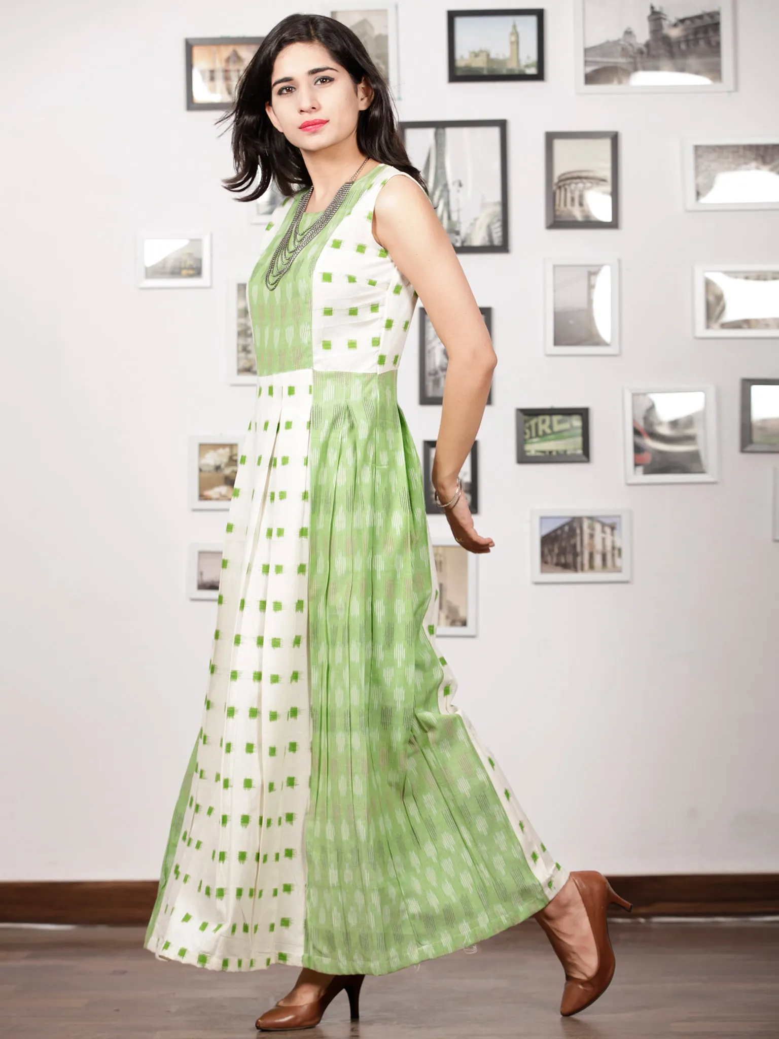 White Pastel Green Long Sleeveless Handwoven Double Ikat Dress With Side Pockets - D275F1451