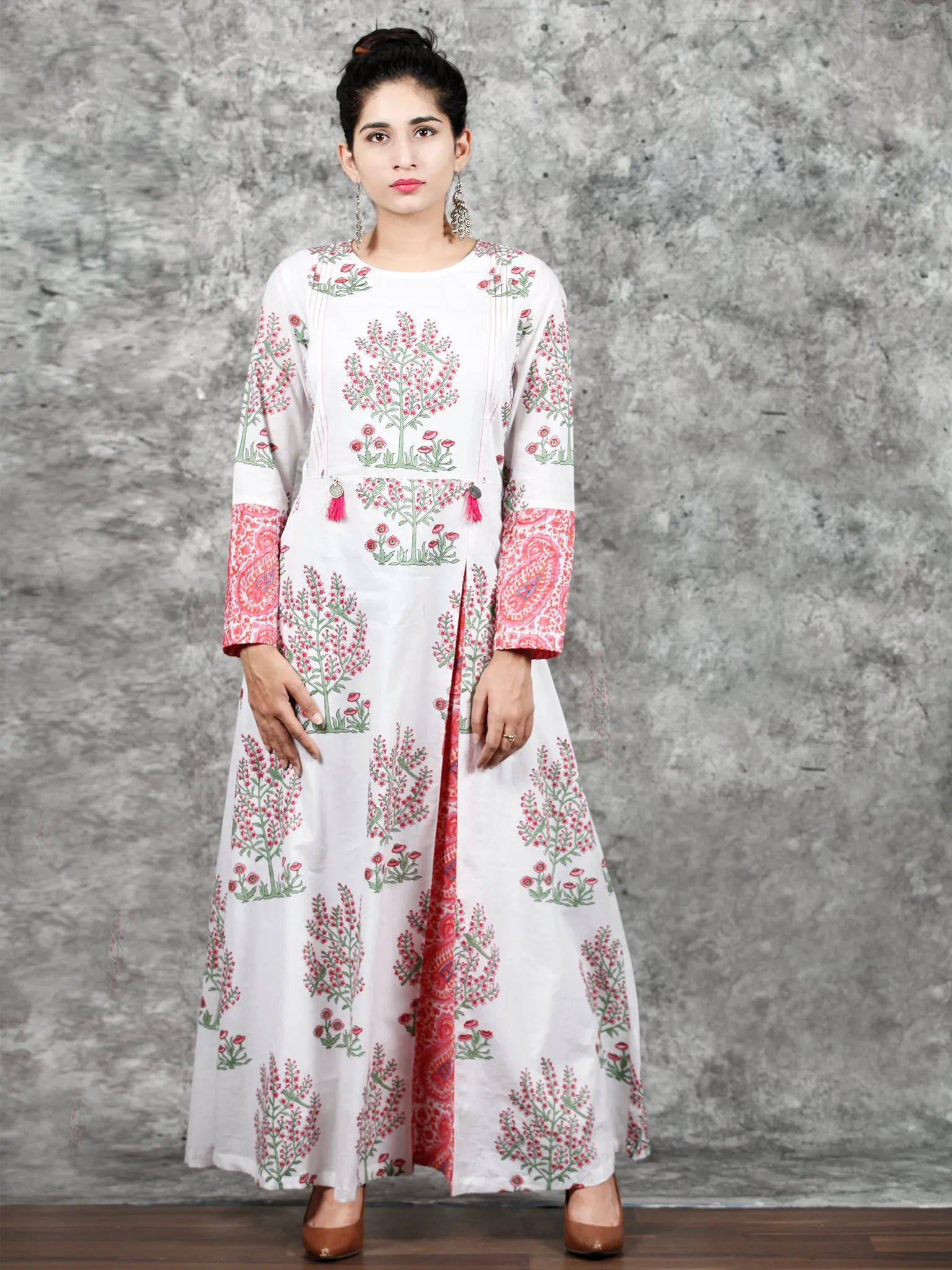 White Pink Green Hand Block Printed Cotton Long Dress With Pintucks  -  D288F1495