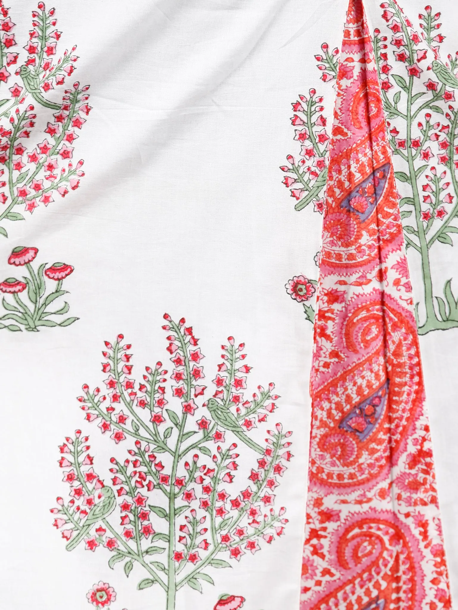 White Pink Green Hand Block Printed Cotton Long Dress With Pintucks  -  D288F1495