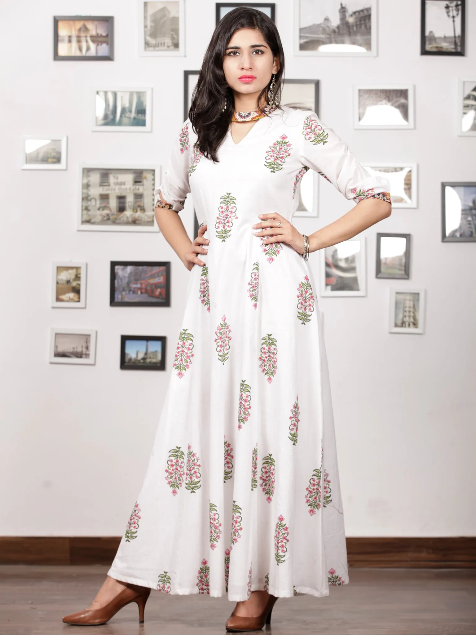 White Pink Green Hand Block Printed Panel Cotton Long Dress - D282BF1502