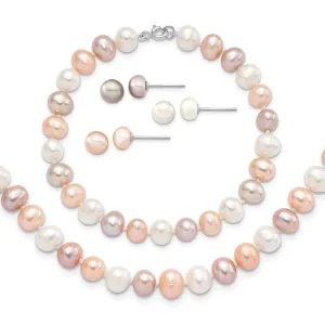 White Pink Pearl Necklace Bracelet Earring Set