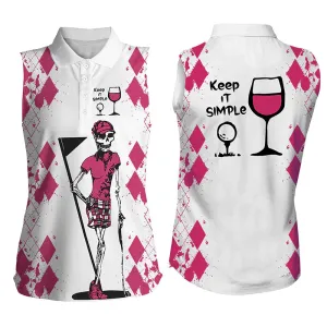 White Pink womens golf shirt, skull keep it simple Golf & wine Women's sleeveless golf polo shirt