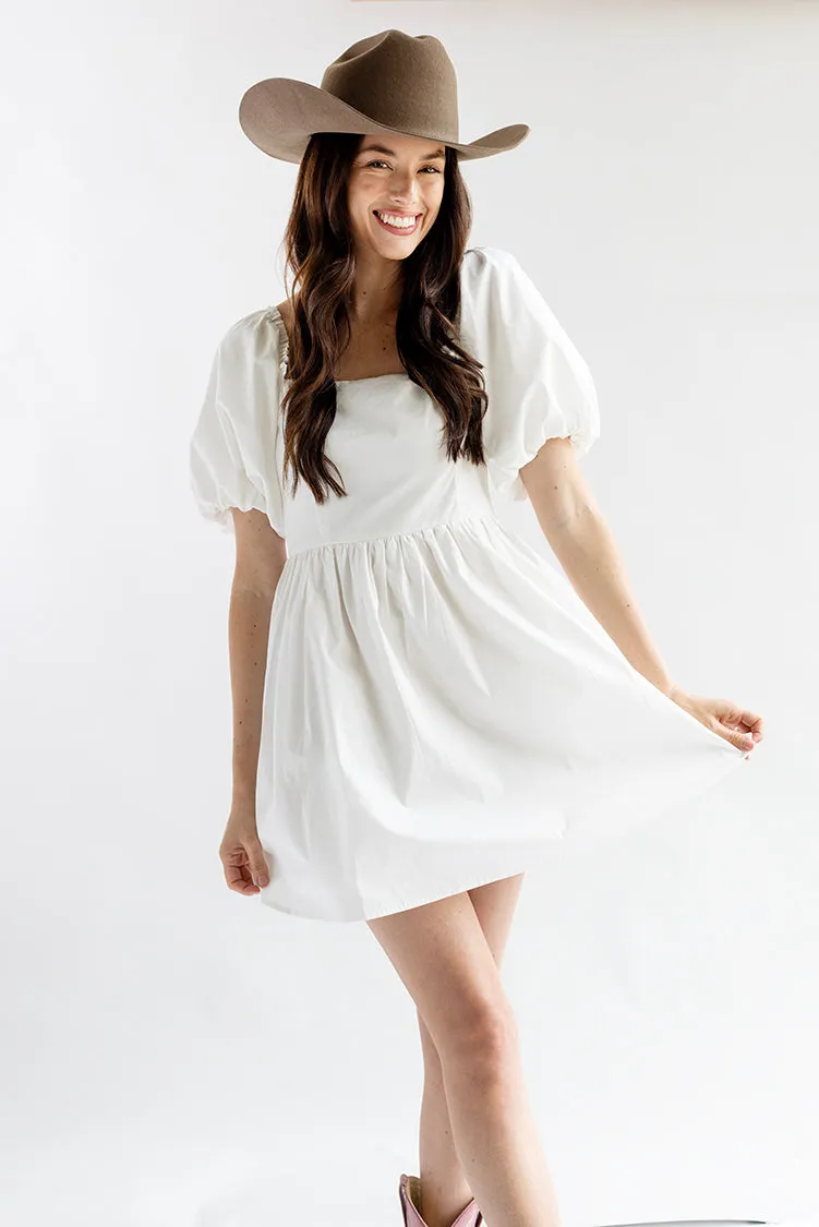 White Puff Sleeve Dress with Bow Back