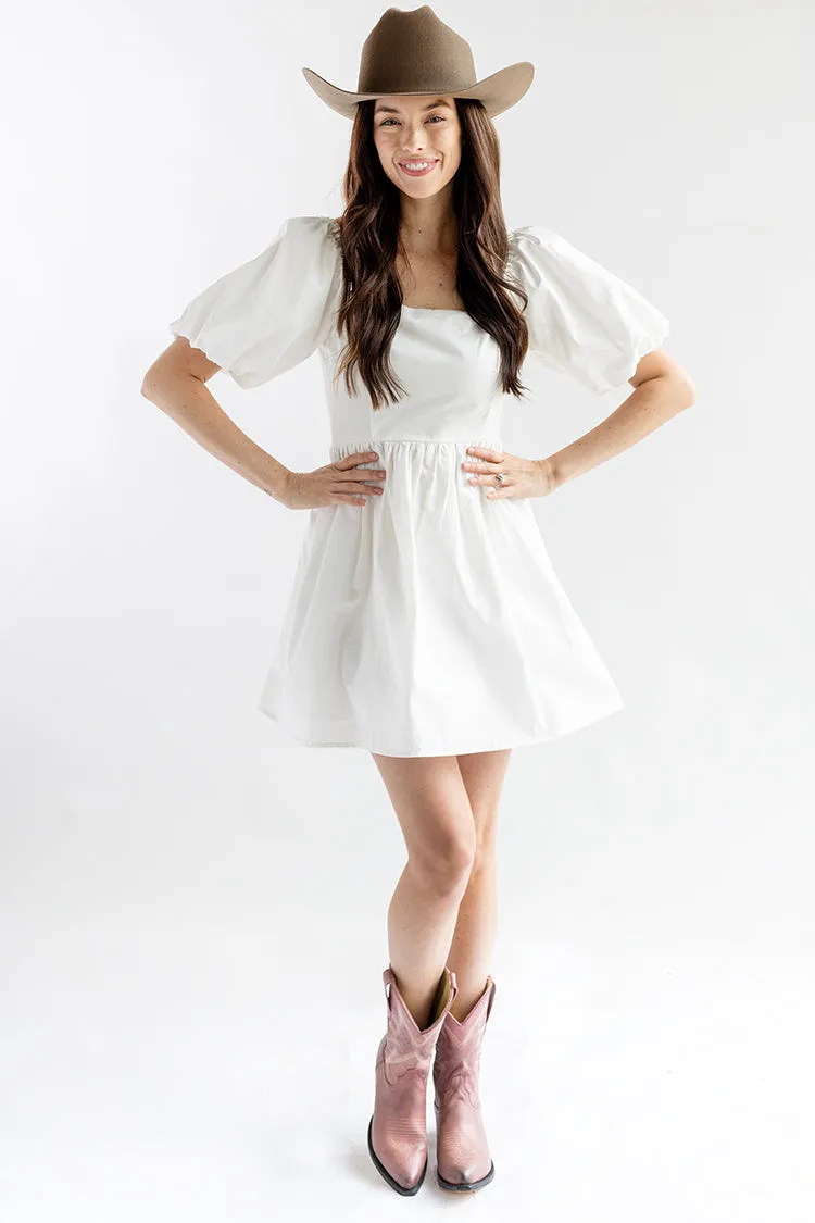 White Puff Sleeve Dress with Bow Back