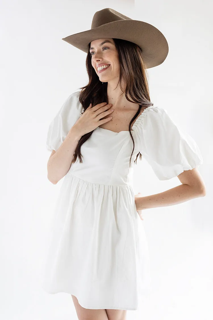 White Puff Sleeve Dress with Bow Back