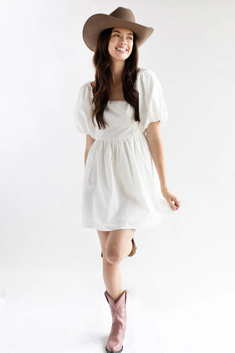 White Puff Sleeve Dress with Bow Back