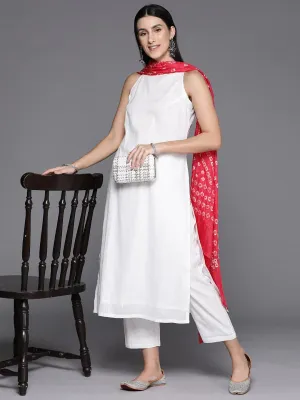 White Pure Cotton Kurta Set With Pink Silk Blend Printed Dupatta