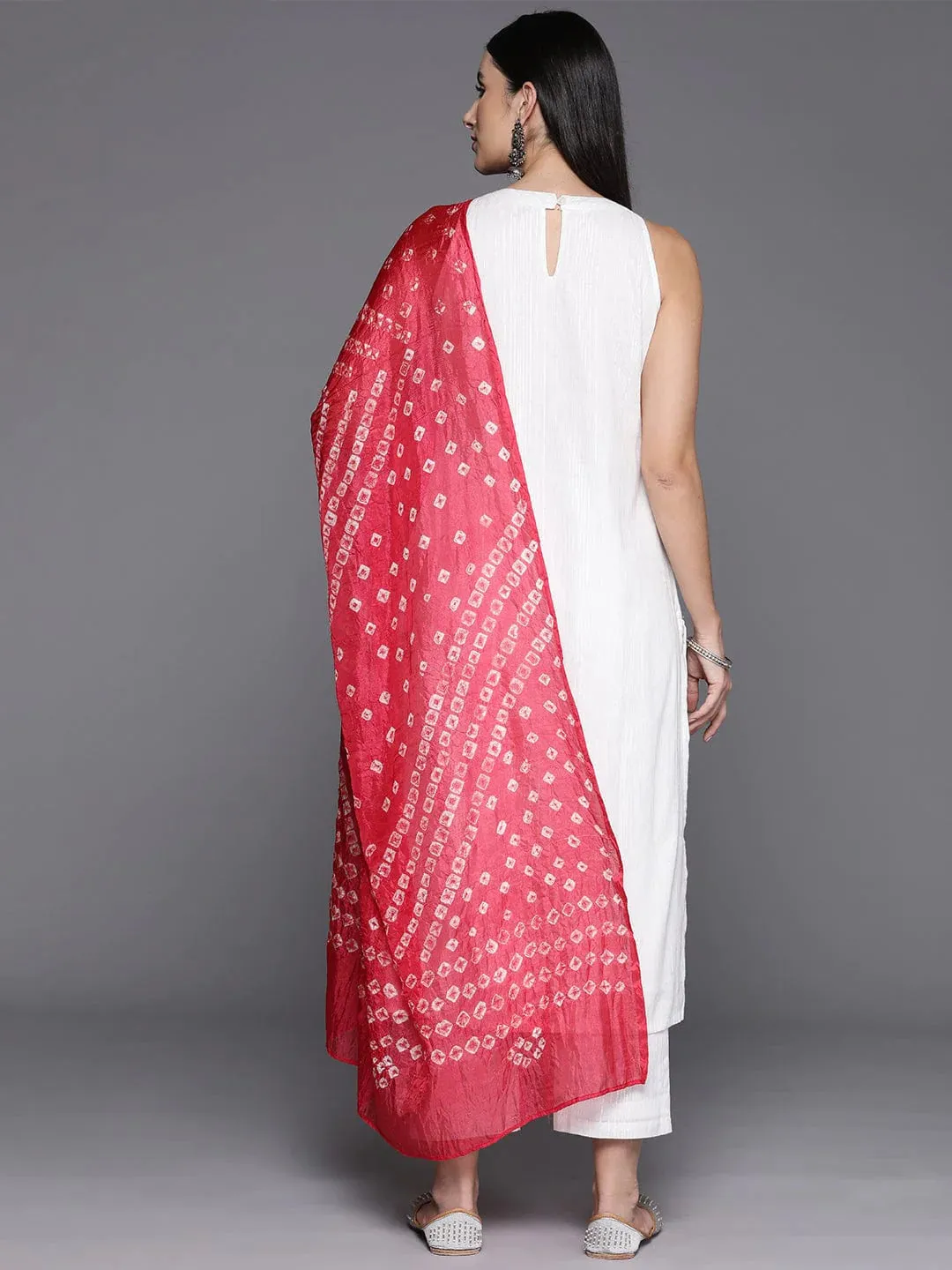 White Pure Cotton Kurta Set With Pink Silk Blend Printed Dupatta